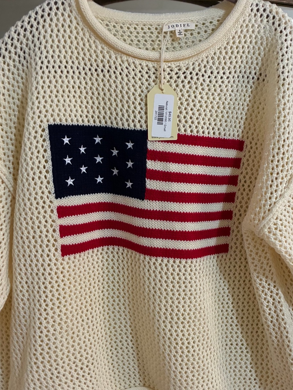 JODIFL Cream Open-Knit Crew Sweater with Red & Blue Flag Detail